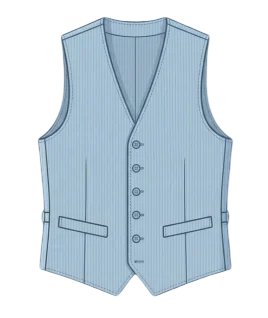 Graphic illustration of a classic light blue pinstriped men's waistcoat, featuring a tailored V-neckline, a five-button front closure, and dual welt pockets at the waist. This essential formalwear layer represents the expert custom menswear stitching and premium gents' bespoke tailoring services provided by Tailorboutiques.com.