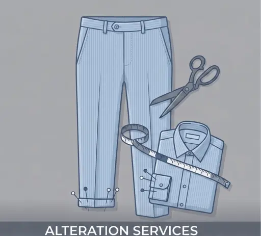 Graphic illustration promoting professional clothing alteration services, featuring a pair of light blue pinstriped dress trousers pinned at the hem, alongside a folded collared shirt, a measuring tape, and tailor's scissors. This image represents the expert garment resizing, hemming, and custom fitting services provided by Tailorboutiques.com.