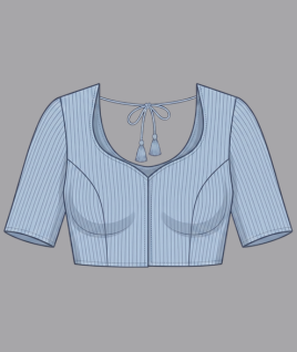 Graphic illustration of a tailored light blue pinstriped women's padded saree blouse, featuring a curved sweetheart neckline, structured princess seams, half sleeves, and back tie strings with tassels. This elegant ethnic design represents the expert custom blouse stitching and premium doorstep ladies' tailoring services provided by Tailorboutiques.com.