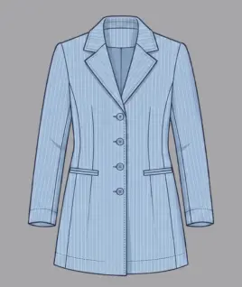 Graphic illustration of a tailored light blue pinstriped women's wool coat featuring a classic notched lapel, a structured four-button front closure, and sleek welt pockets. This sophisticated winter outerwear design highlights the expert custom wool coat stitching and premium doorstep ladies' tailoring services provided by Tailorboutiques.com.