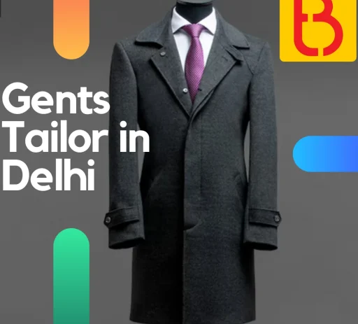 Promotional graphic featuring a mannequin dressed in a sharply tailored dark grey men's overcoat, a crisp white dress shirt, and a textured magenta tie. The image prominently displays bold white text reading "Gents Tailor in Delhi" alongside the official Tailor Boutiques logo, highlighting expert custom menswear stitching and premium bespoke tailoring services available in the Delhi-NCR area.